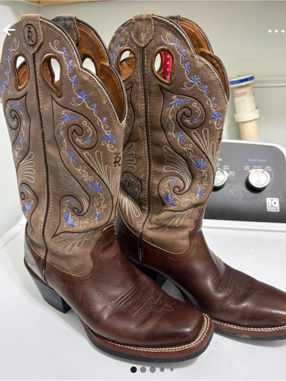 Tony Lama Brown Leather Western Cowboy Boots with Blue Embroidery - Women